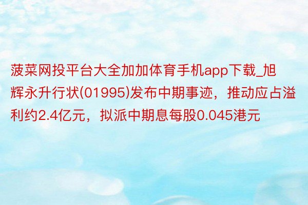 菠菜网投平台大全加加体育手机app下载_旭辉永升行状(01995)发布中期事迹，推动应占溢利约2.4亿元，拟派中期息每股0.045港元